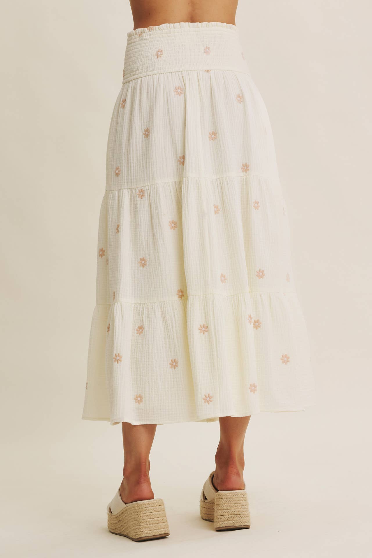 in february - SUNSET FIELD EMBROIDERED COTTON GAUZE SMOCKED MIDI SKIRTS