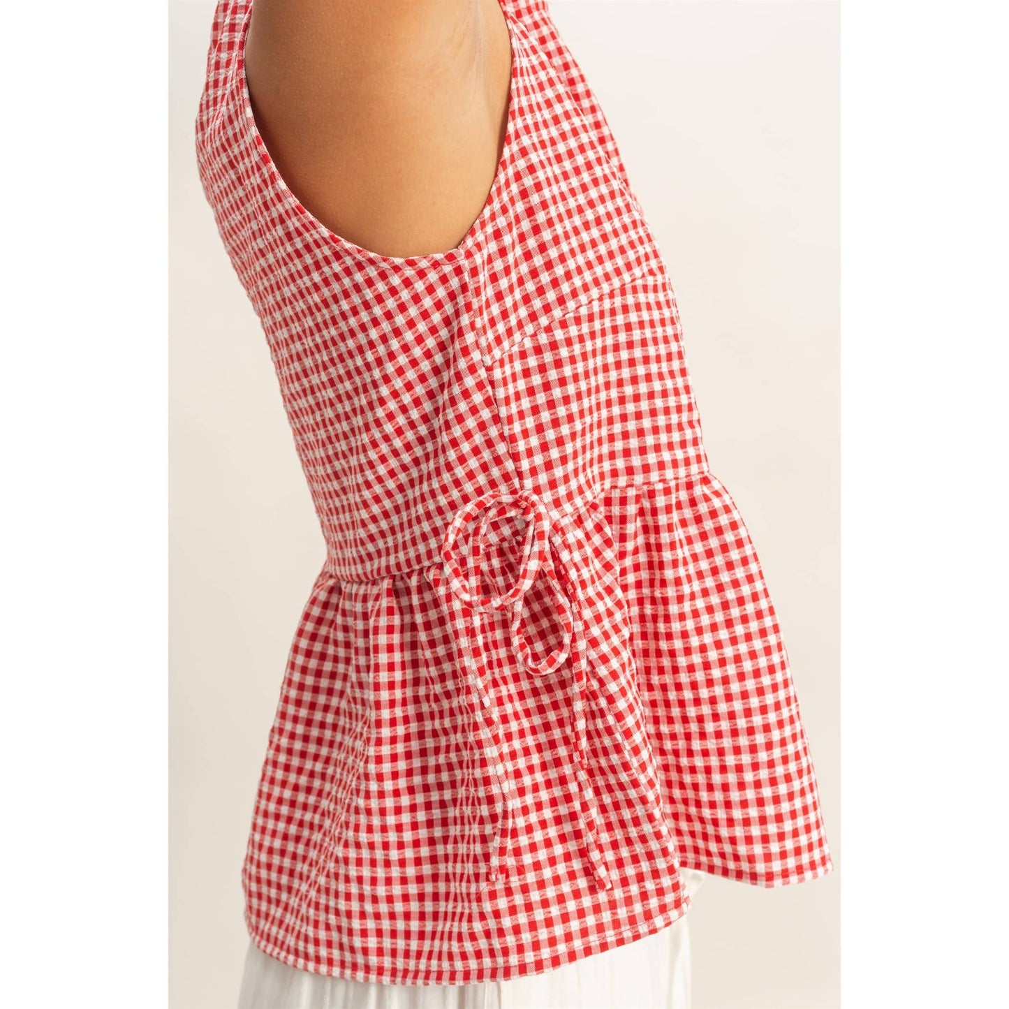 HYFVE - Gingham Sleeveless Peplum Top With Side Ties