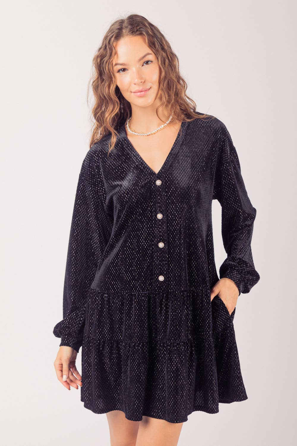 VERY J - ND31003-Tiered Textured Woven Holiday Velvet Mini Dress