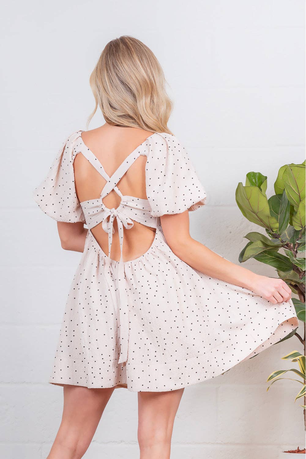 Taelynn - ZD48798T-Square neck short balloon sleeve back strap dress