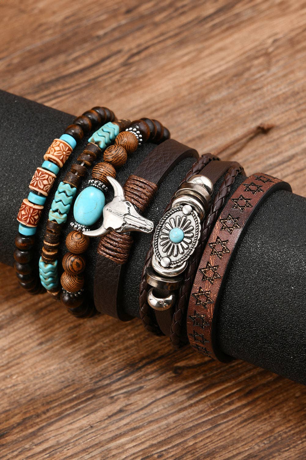 Lovesoft - Chestnut 6 Piece Western Bull Skull Turquoise Beading Bracelet