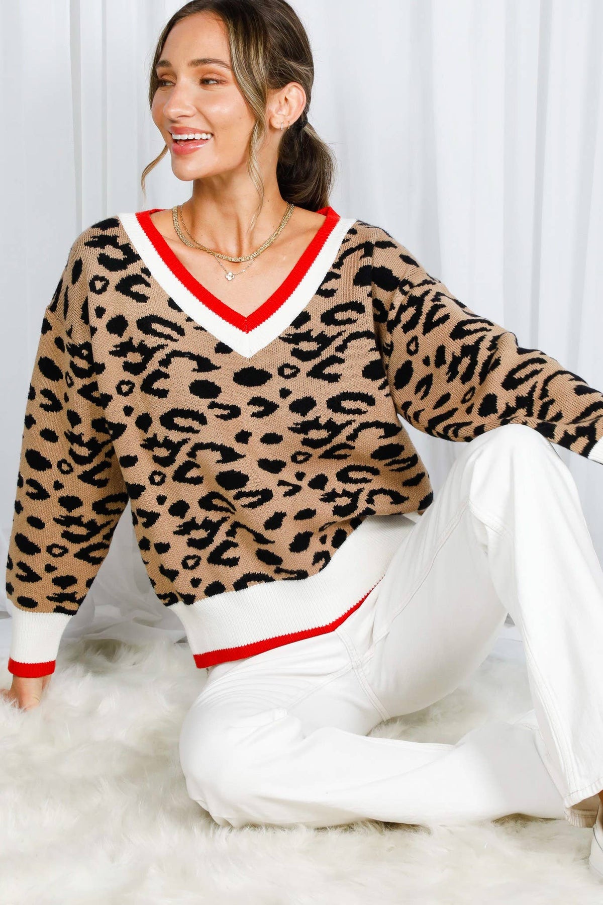 Vine & Love - Leopard Pattern V-Neck Contrast Rib Knitted Sweater VT82601