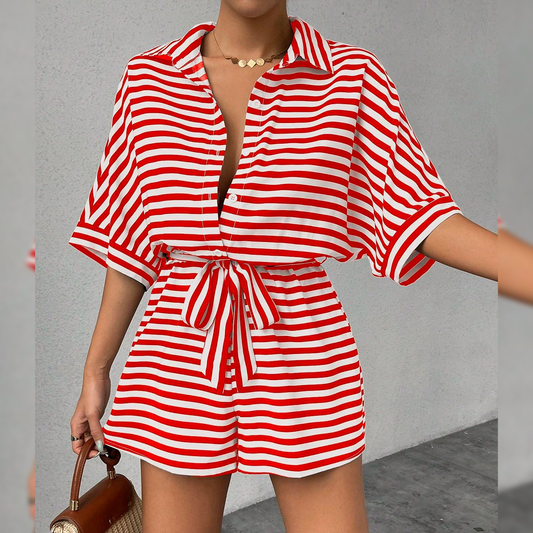 Summer Striped Lapel Button-Up Belted Shorts Romper AXR129: Red / L
