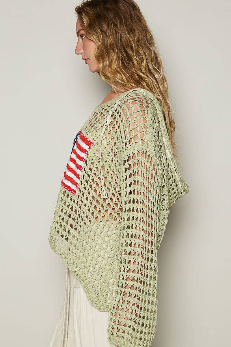 Long sleeve American flag hoodie thin sweater top SALE: Beige