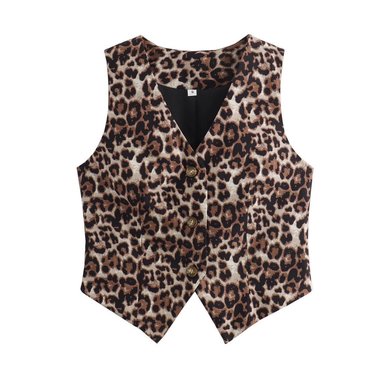 Stylish V-Neck Buttoned Leopard Print Vest Top: Brown / L