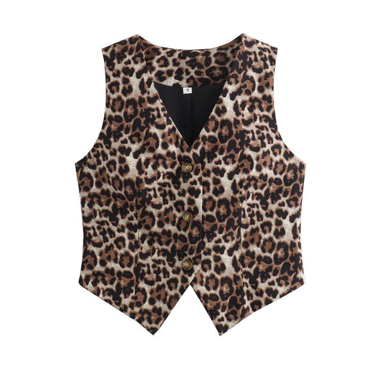 Stylish V-Neck Buttoned Leopard Print Vest Top: Brown / L