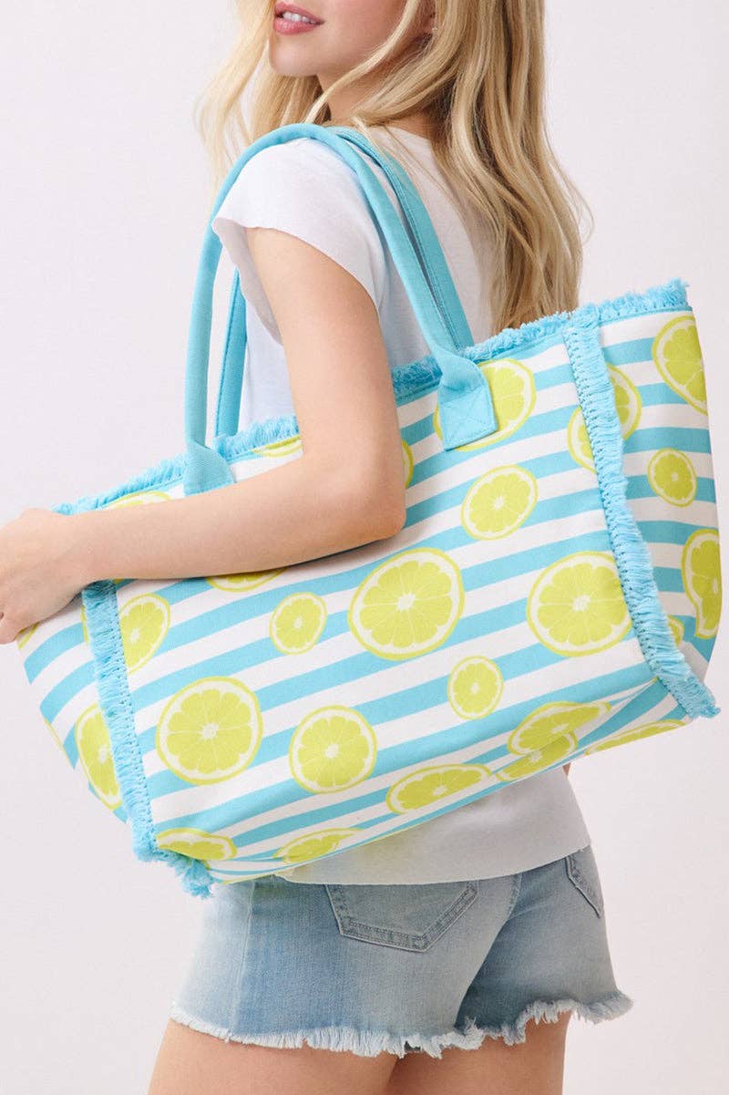Lemon Drop Fringe Blue Striped Tote