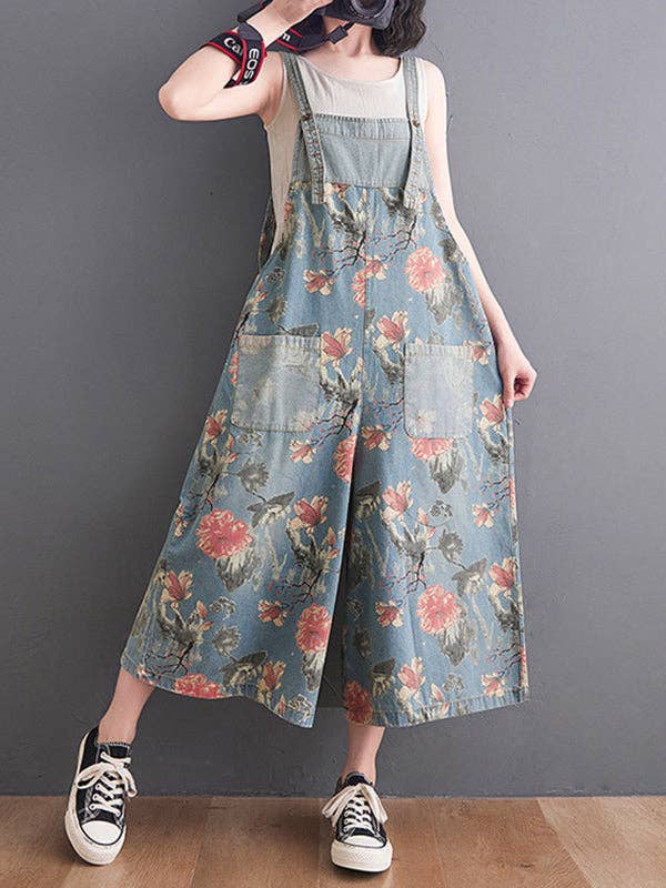 Oversize Wide Leg Floral Printed Split-Joint Overalls: DEEP BLUE / XL