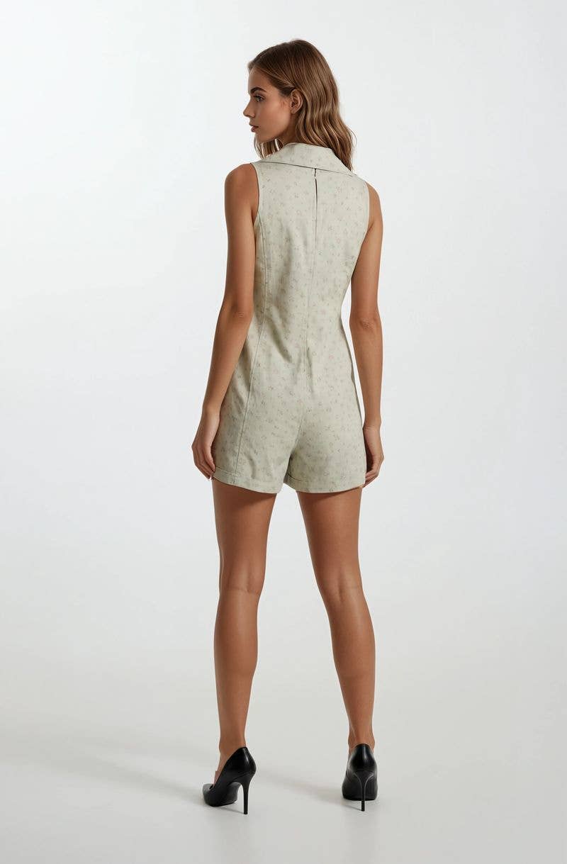 Chambray Floral Button-Front Sleeveless Romper