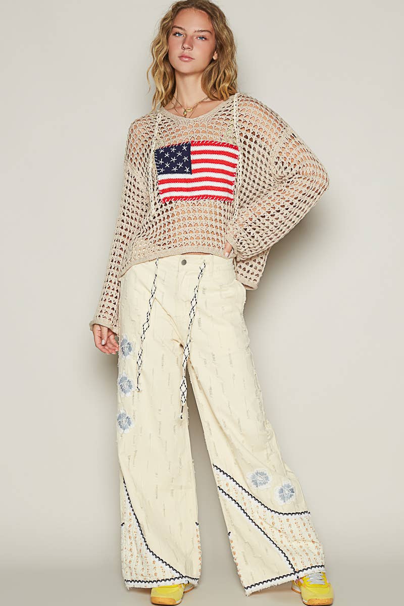 Long sleeve American flag hoodie thin sweater top SALE: SKY BLUE