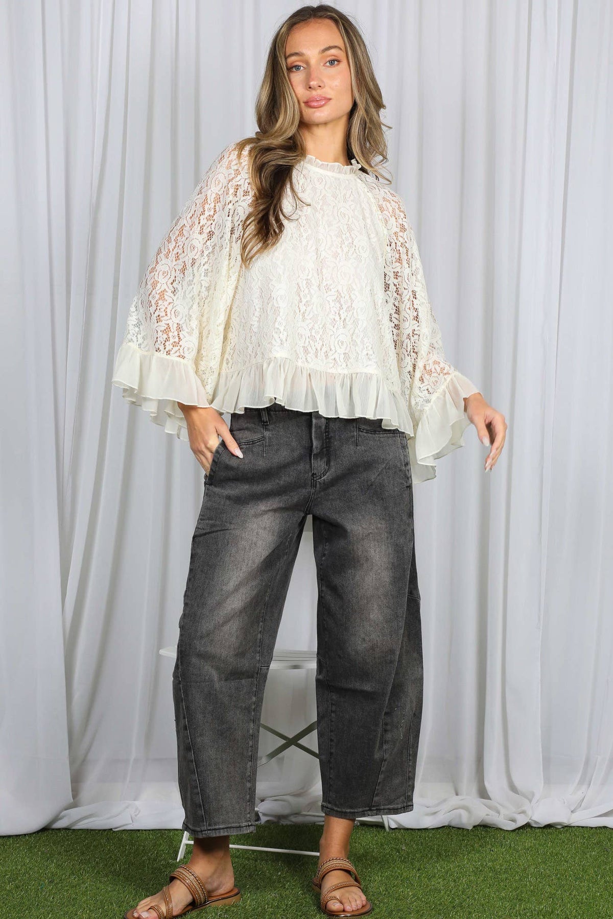 Vine & Love - Ruffle Neck & Hem Bell Sleeve Loose Lace Blouse Top VT83170