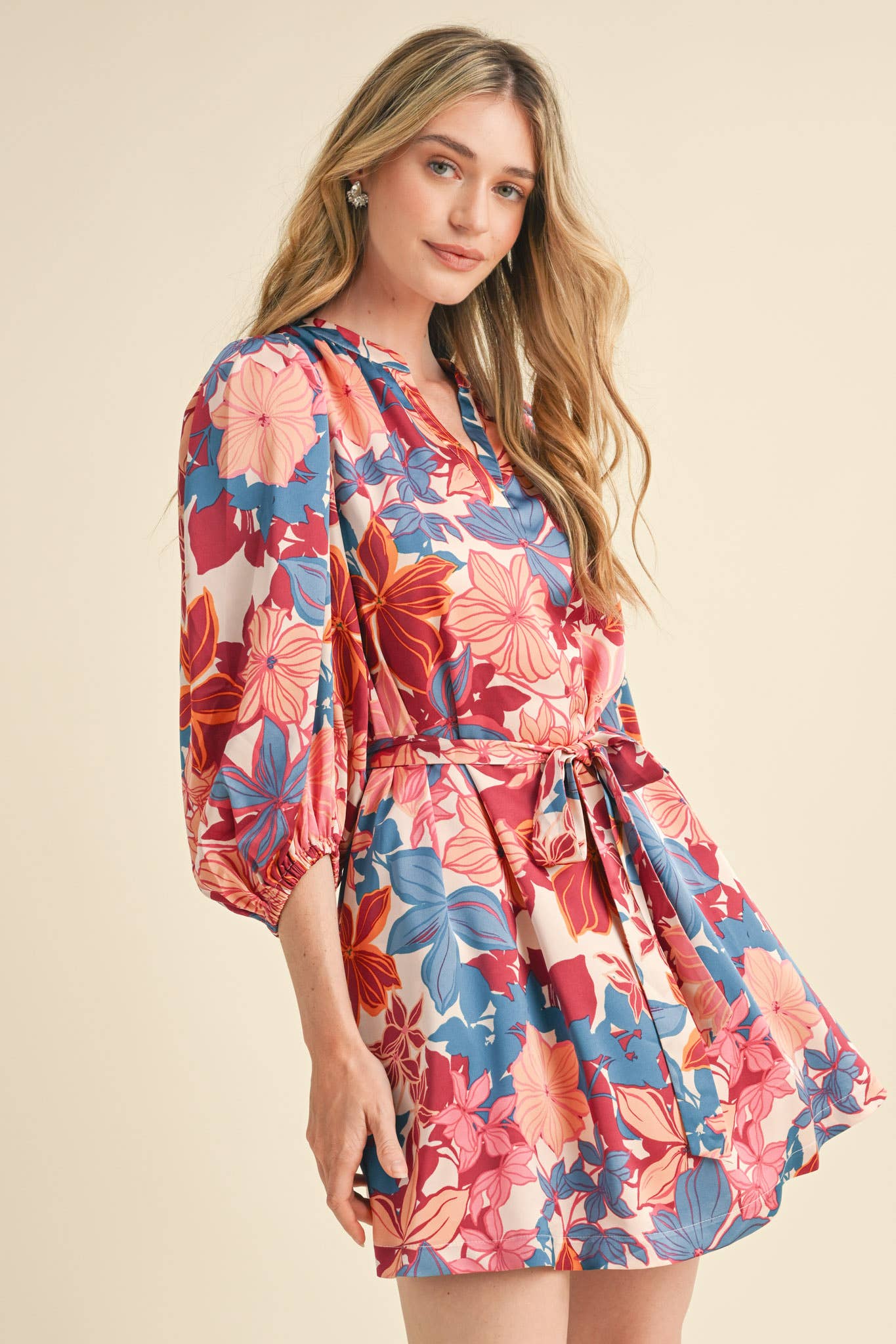 &MERCI - EXCLUSIVE PRINT PUFF SLEEVE TYING WAIST MINI DRESS MDR3353: Cream Multi Floral / M