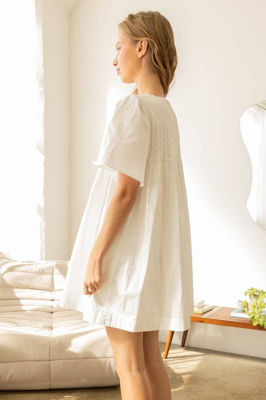 JOD1142 Pleated Front Mini Dress with Wide Sleeves