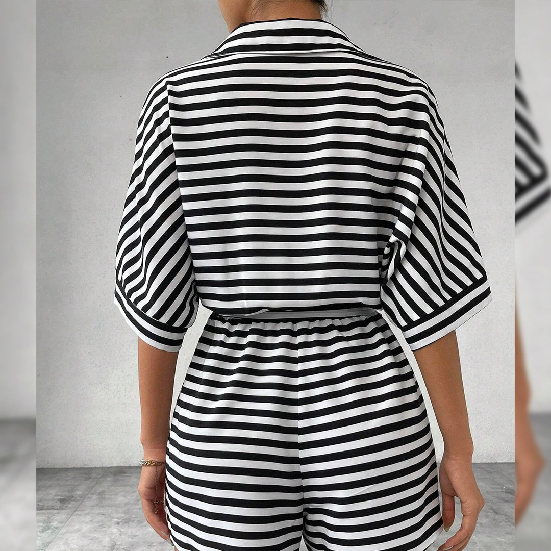 Summer Striped Lapel Button-Up Belted Shorts Romper AXR129: Red / L