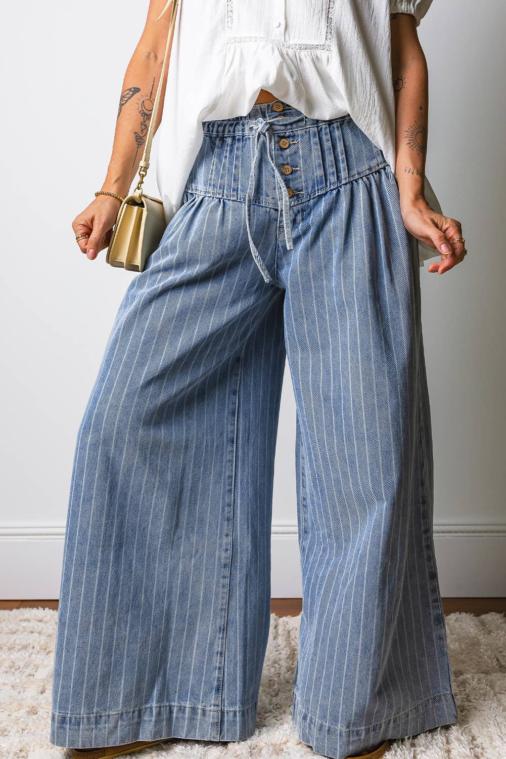 66DISCO - Button Pleated Drawstring Waist Casual Wide Leg Jeans