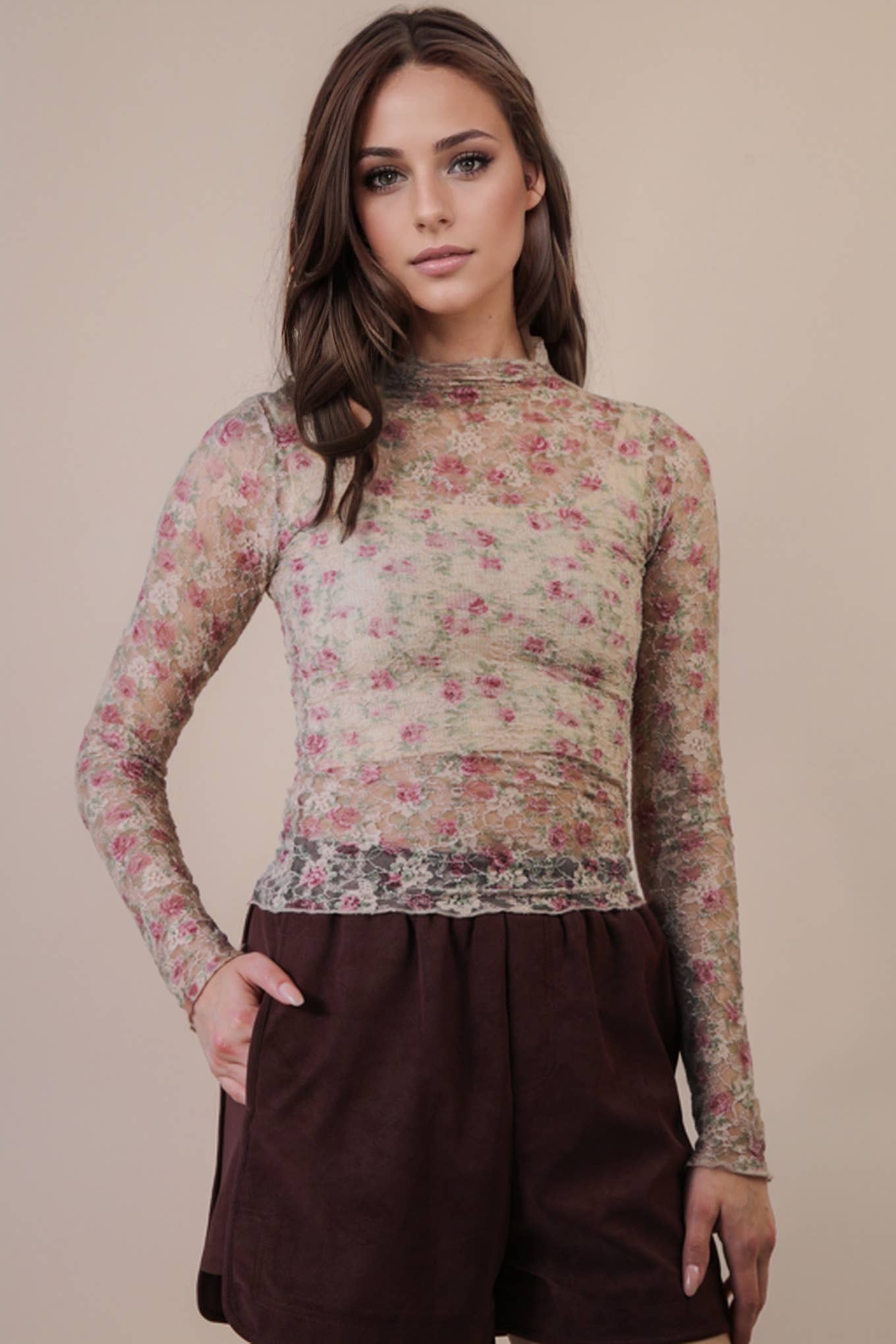 VERY J - NT12220-High Neck Fitted Sheer Mesh Lace Knit Top
