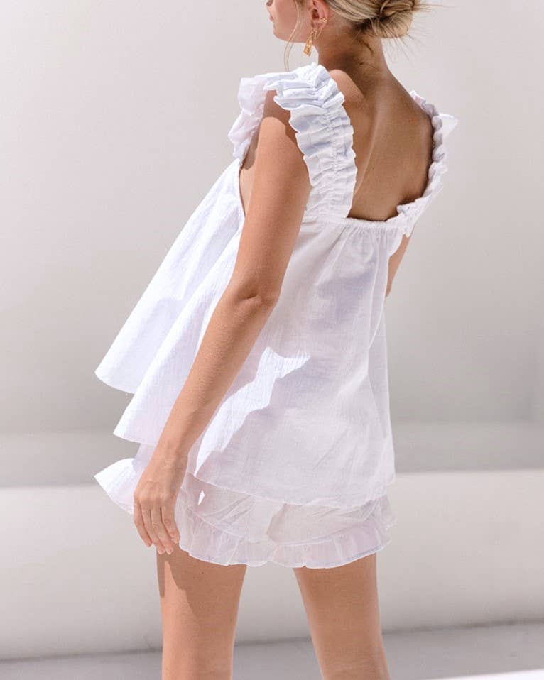 Ruffle Trim Tank Top And Shorts Pajama Set: White / M