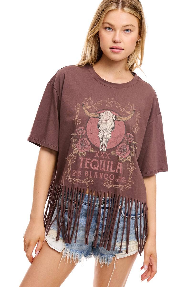 Tequila Blanco Longhorn Vintage Graphic S/S Fringe Tee