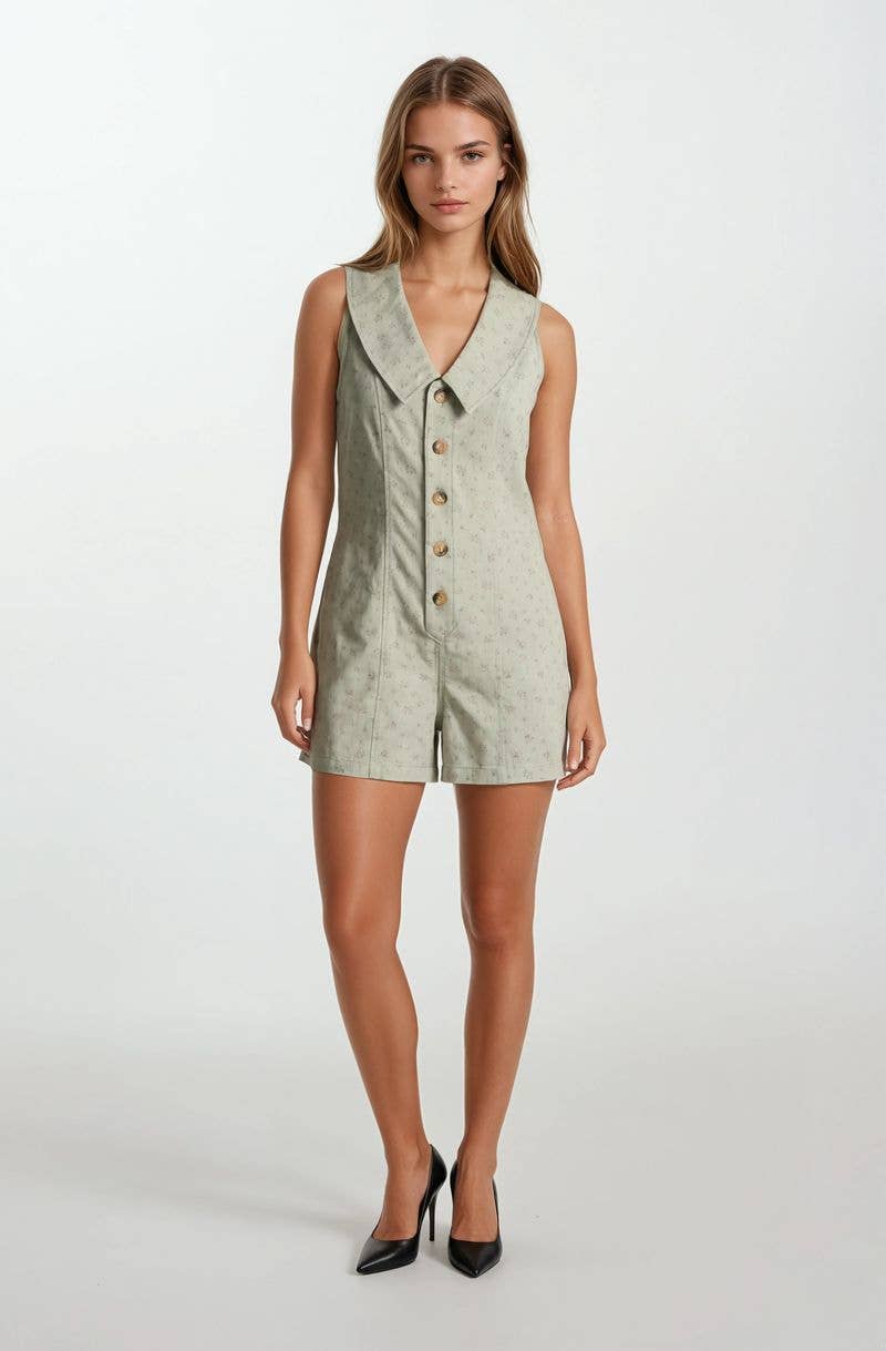 Chambray Floral Button-Front Sleeveless Romper