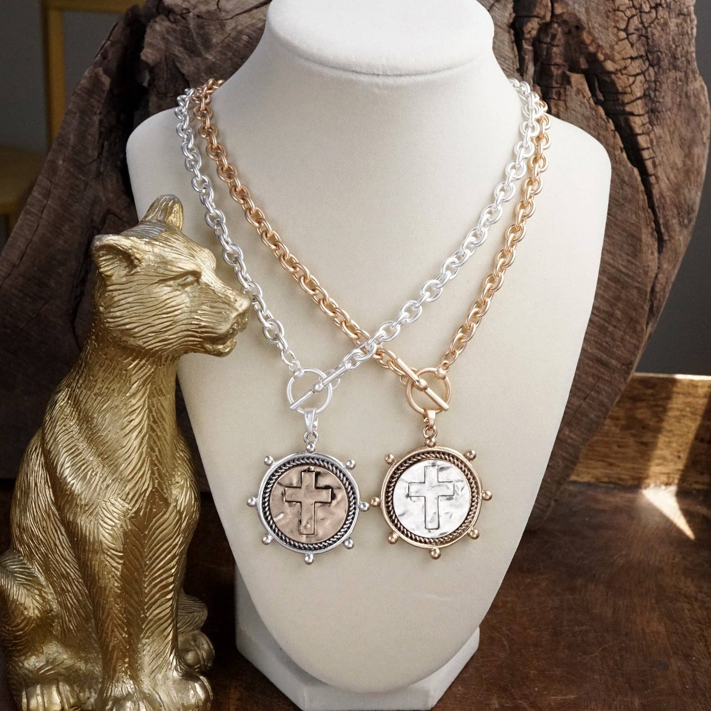 PennyLine inc - Cross Coin Chain Necklace with Front Toggle Closure – Silver or Gold Tone