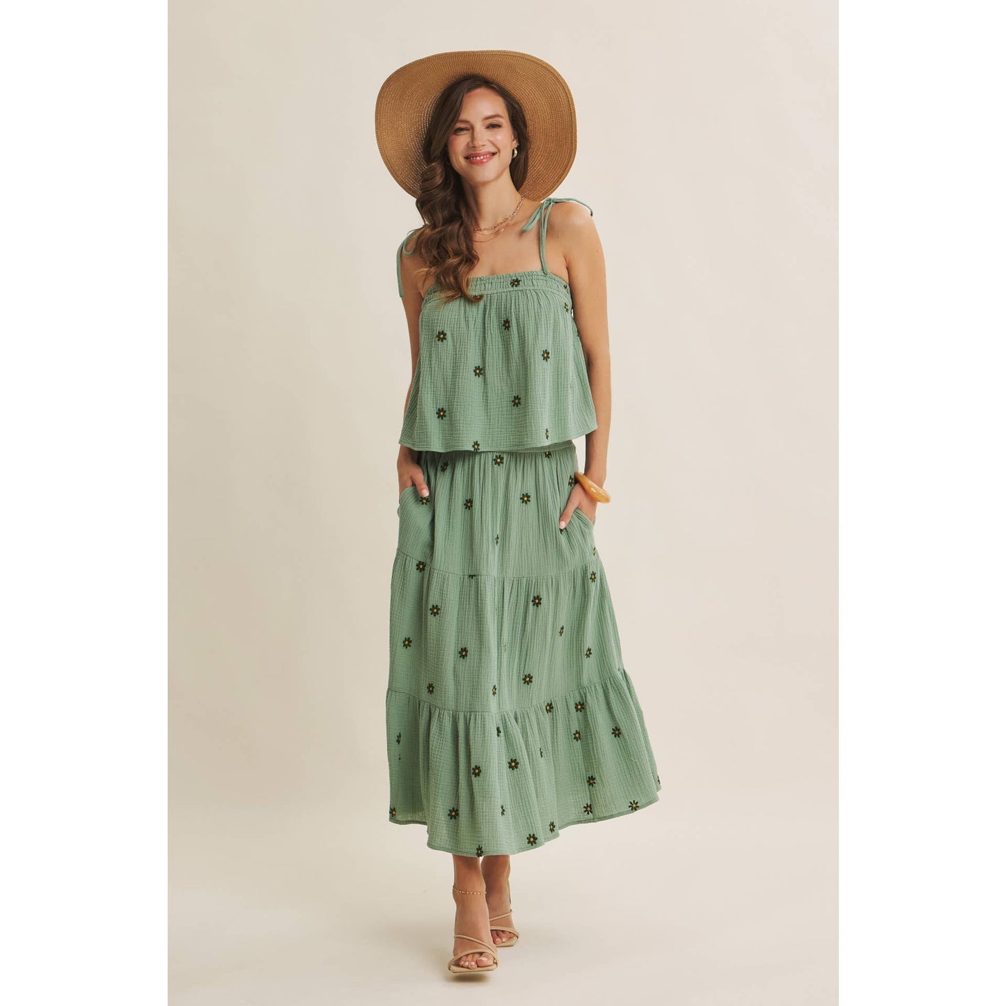 in february - SUNSET FIELD EMBROIDERED COTTON GAUZE SMOCKED MIDI SKIRTS