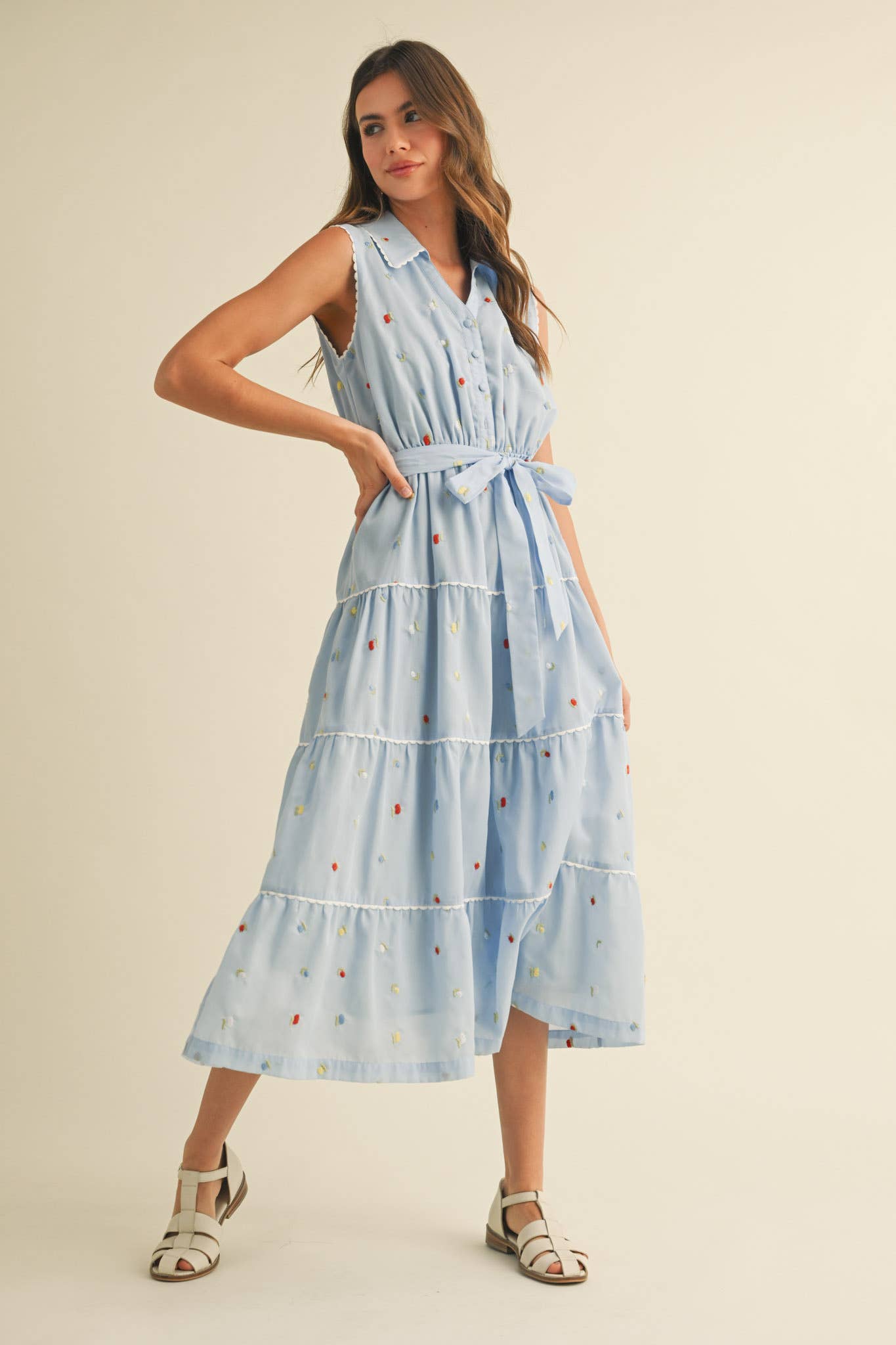 &MERCI - BUTTON DOWN EMBROIDERED MIDI DRESS MDR3592: Black Multi / M