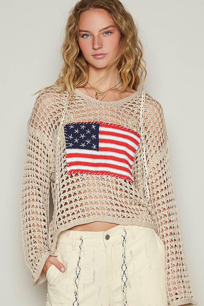 Long sleeve American flag hoodie thin sweater top SALE: SKY BLUE