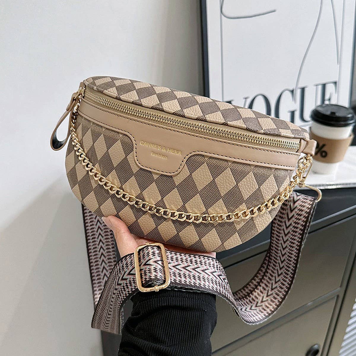ACCITY - Checkered Chain Strap PU Crossbody Chest Bag_CUAB00597