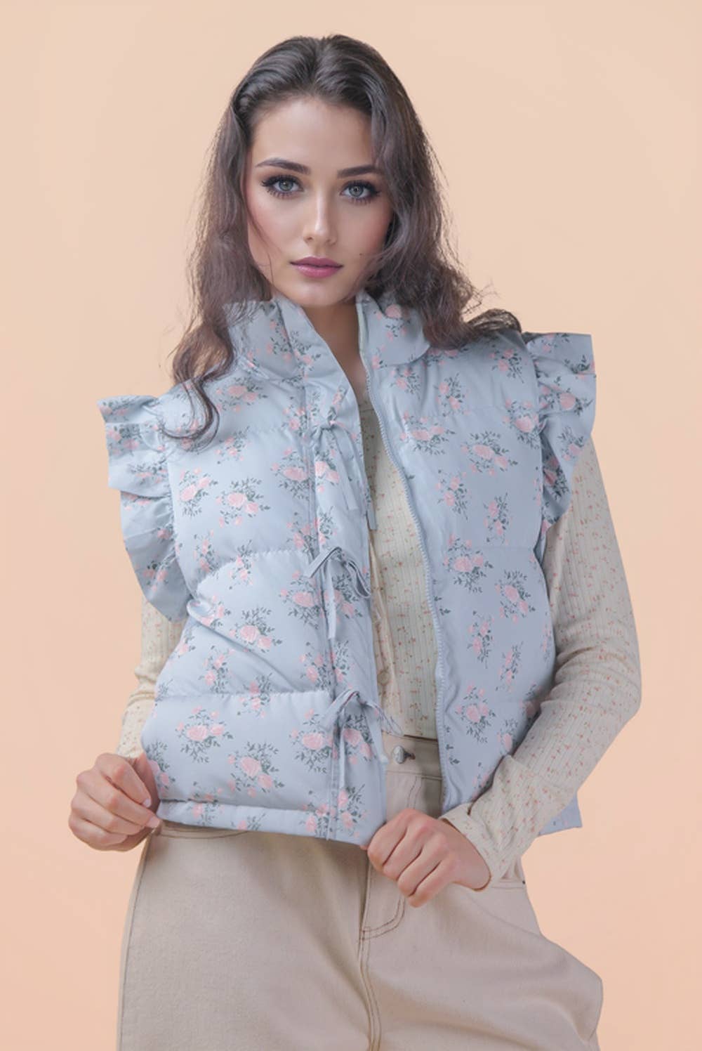 VERY J - NJ90385-Front Bow Ruffle Sleeve Puffer Vest