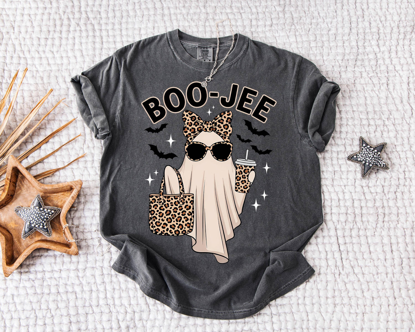 Glaime - Boo Jee Leopard Ghost Comfort Colors Tee, Halloween Sweater