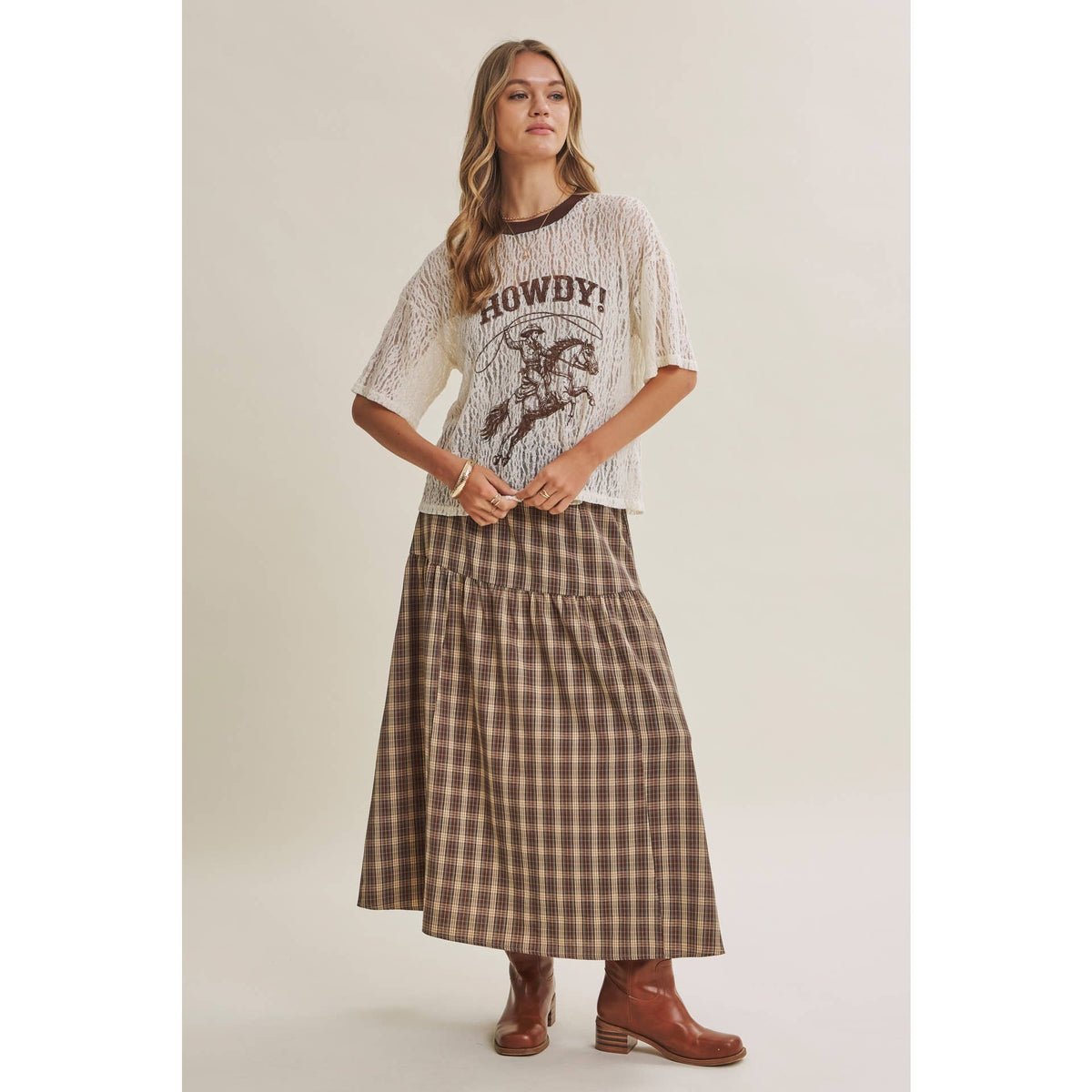 in february - WESTERN INSPIRED HOWDY COWBOY GRAPHIC SHEER LACE TOP