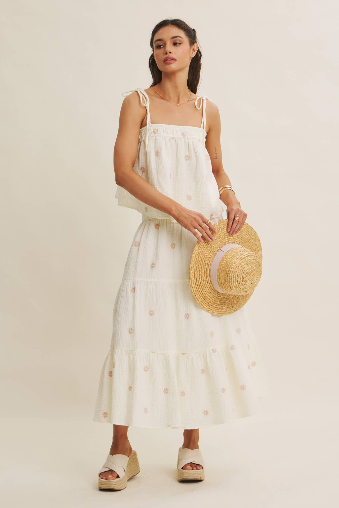 in february - SUNSET FIELD EMBROIDERED COTTON GAUZE TANK WITH TIE STRAPS