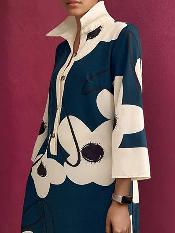 A-Line Loose Buttoned Flower Print Stand Collar Mini Dresses: NAVY BLUE / L