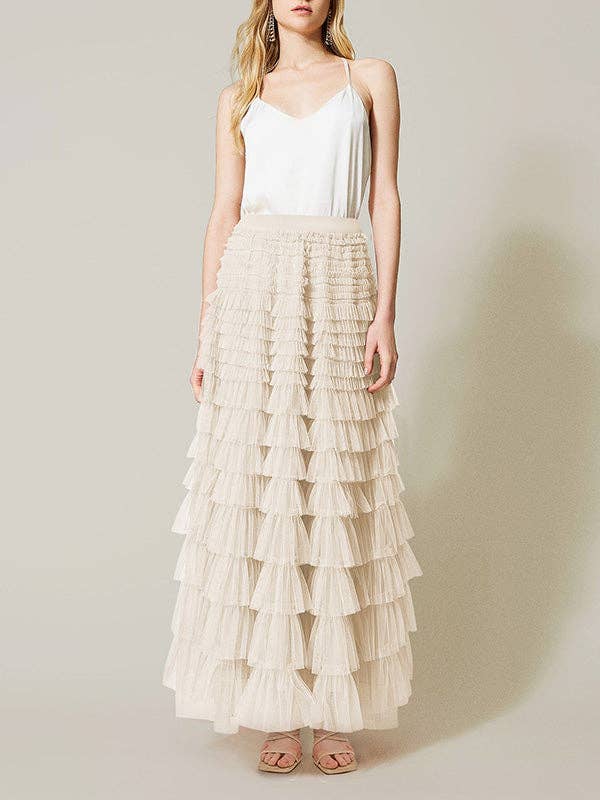 A-Line High Waisted Solid Color Tulle Skirts Bottoms: Apricot / S