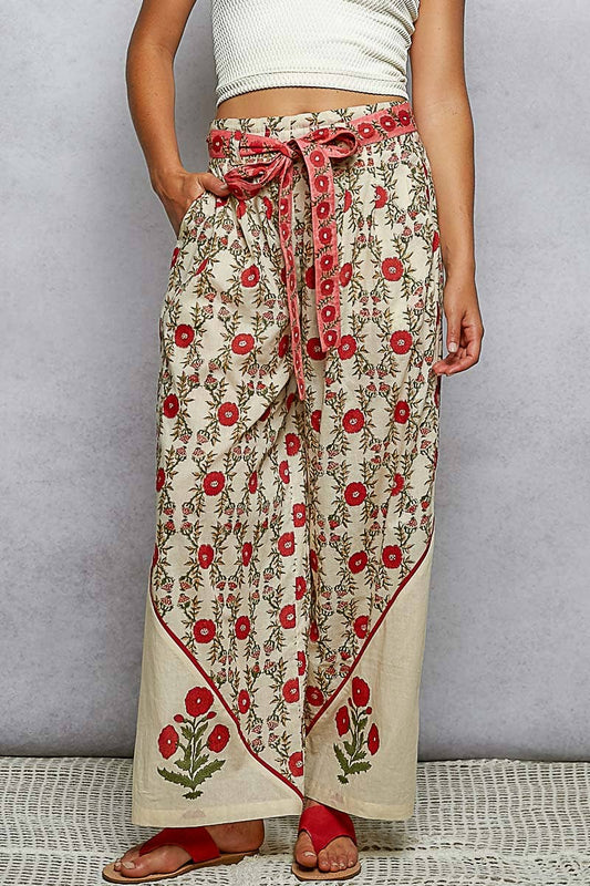 Pol Clothing - Waist Belt Floral Pattern Straight Fit Pants