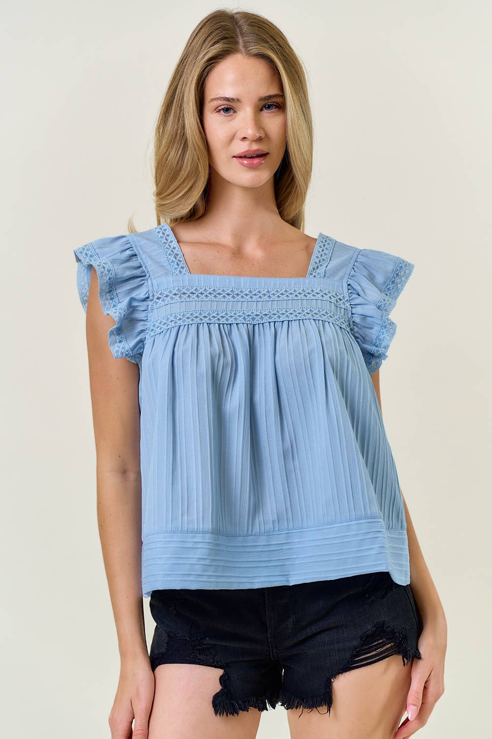 SQUARE NECK RUFFLE CAP SLEEVE LACE TRIM DETAIL TOP