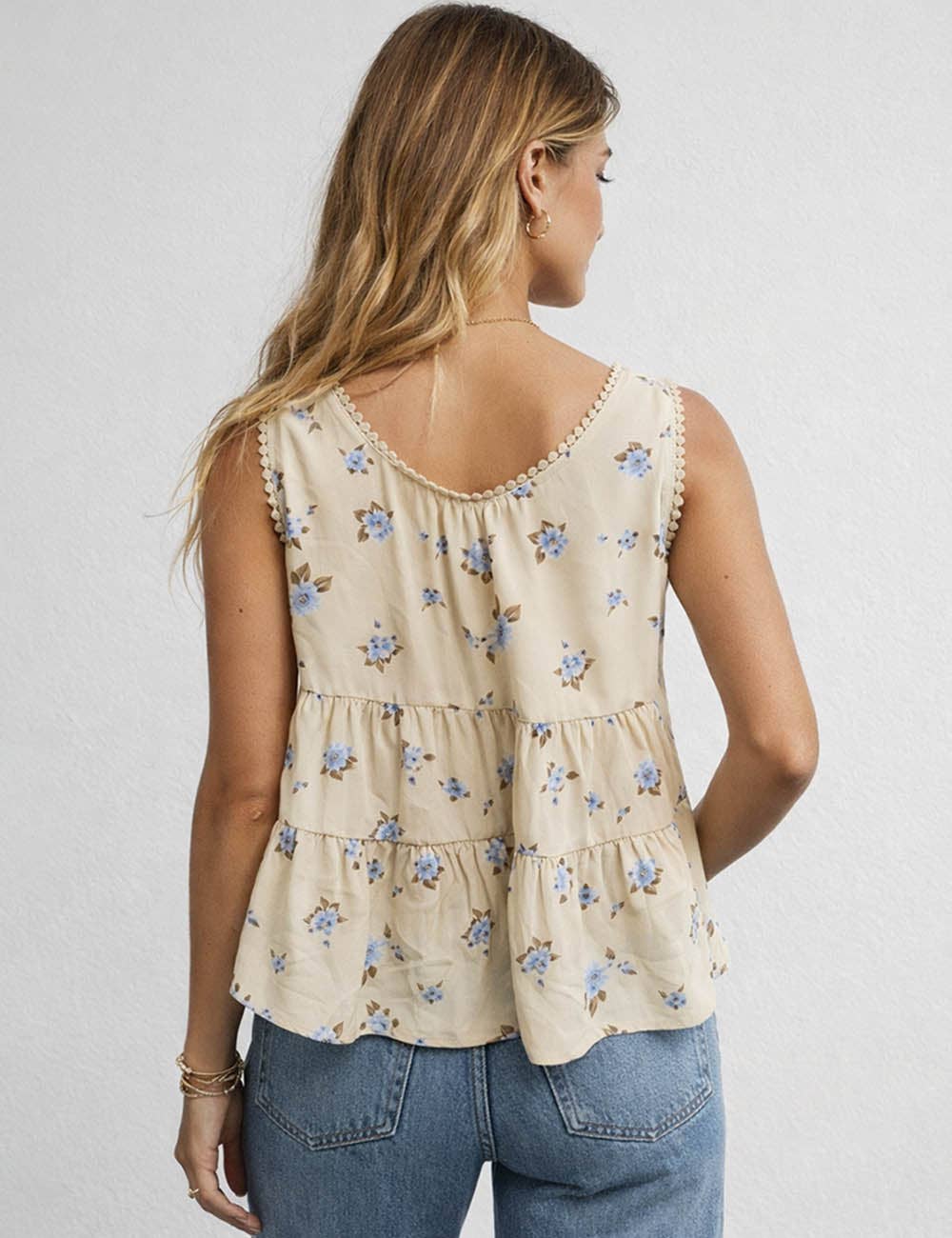 Sweetkama - Ladies Boho Floral Print Tie Front Scoop Neck Sleeveless Top
