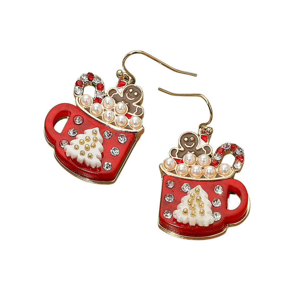 Sensibling Corp. - Gingerbread Man Pearl Bubble Holiday Cocoa Mug Dangle Earrings