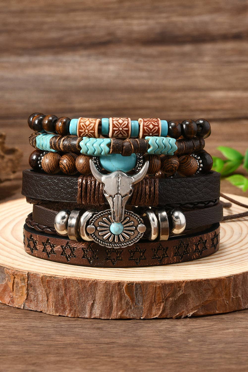 Lovesoft - Chestnut 6 Piece Western Bull Skull Turquoise Beading Bracelet