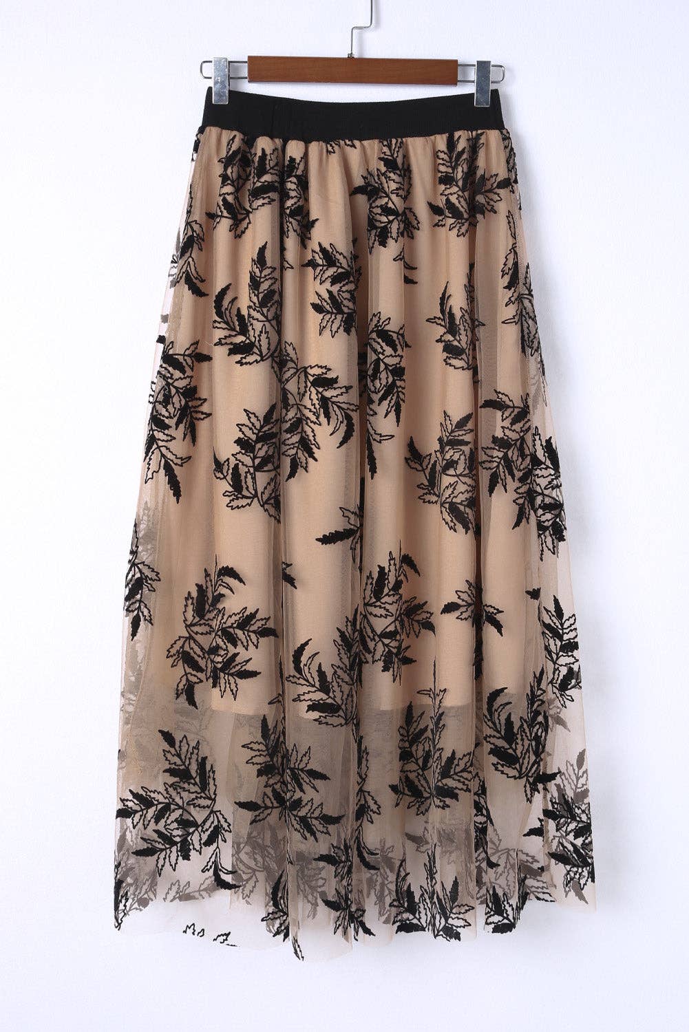 Lovesoft - Apricot Floral Leaves Embroidered High Waist Maxi Skirt