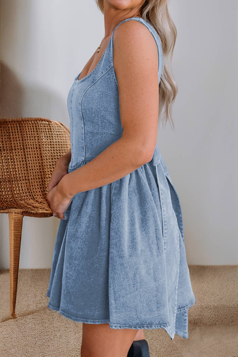 Little Daisy Closet -  LDC Square Neck Bowknot A-line Sleeveless Denim Dress