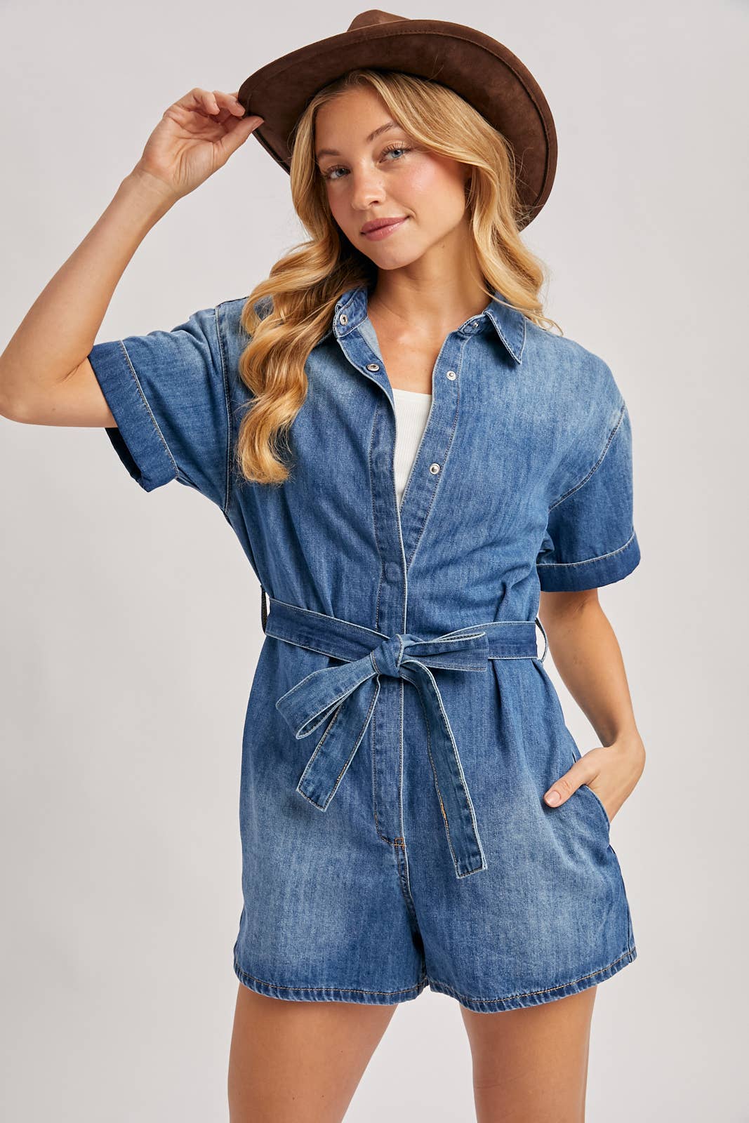 Bluivy - DENIM BELTED BUTTON DOWN SHIRT ROMPER
