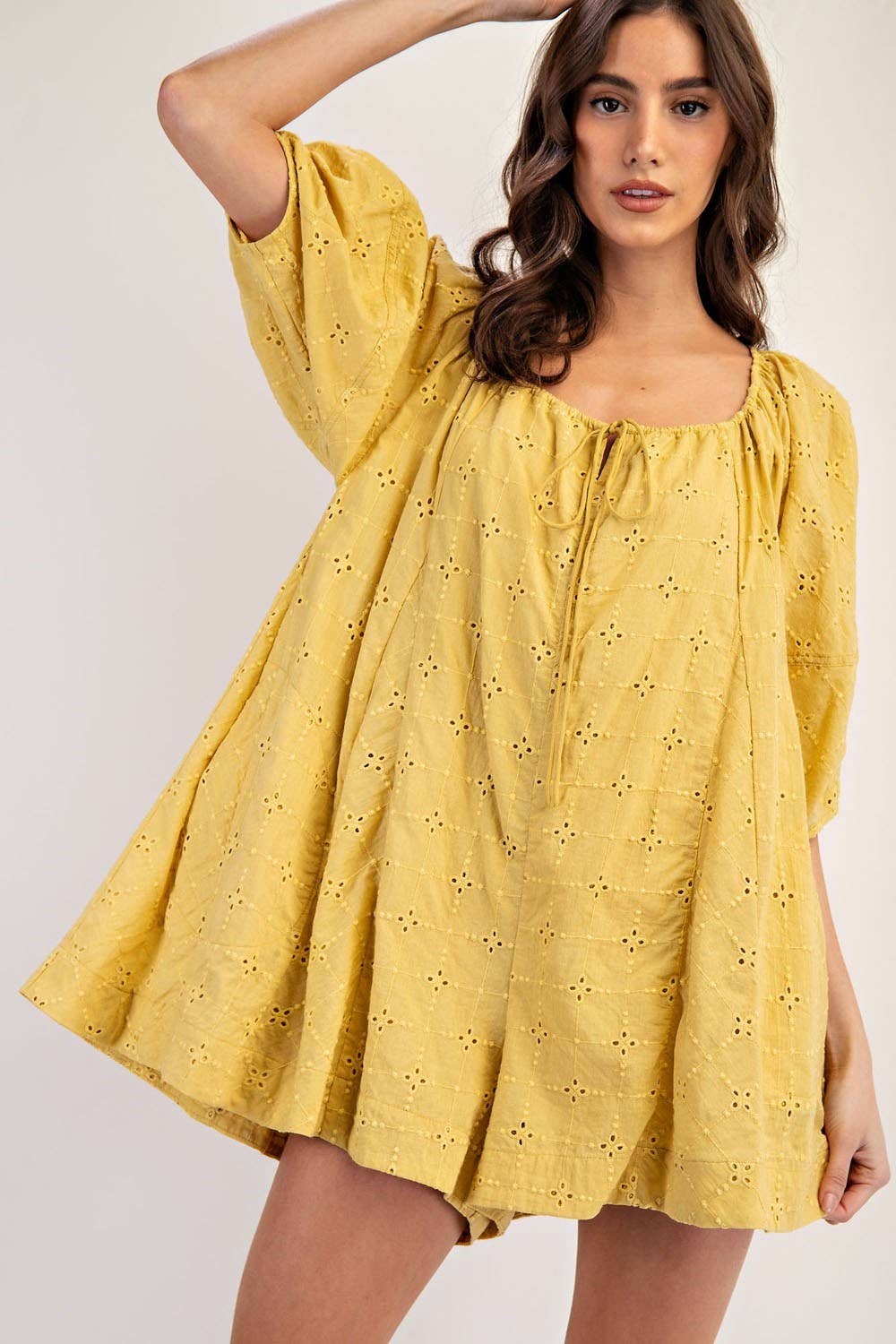 PL6371 - EYELET PUFF SLEEVE ROMPER: MUSTARD