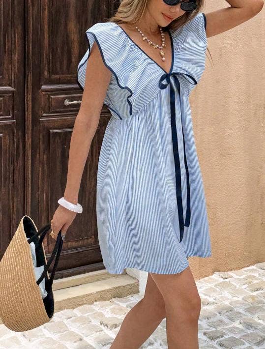 Anna Kaci Wholesale - Striped Mini Dress with Ruffle Sleeves and Front Bow