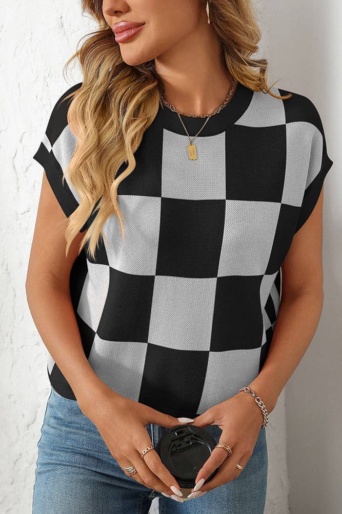 UNISHE - Cropped Color Block Crewneck Knit Checkerboard Sweater MD167