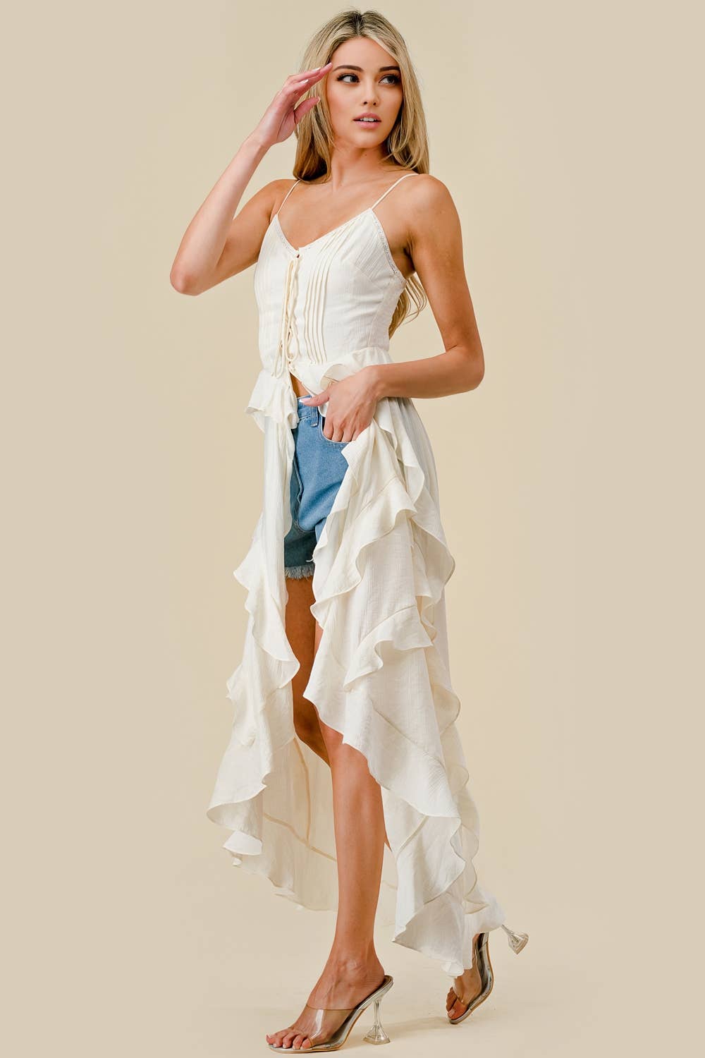 BEIVY & COLLABO - BT2850E / POLY CREPON HIGH LOW RUFFLED FULL LENGHT TUNIC TOP
