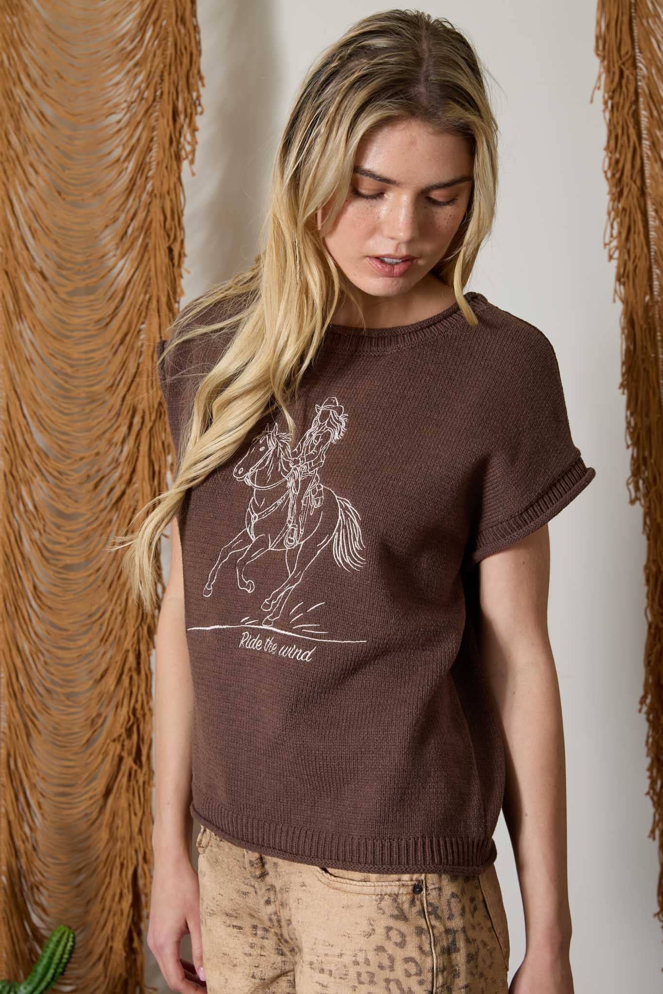 WESTERN EMBROIDERY SHORT SLEEVE KNIT SWEATER