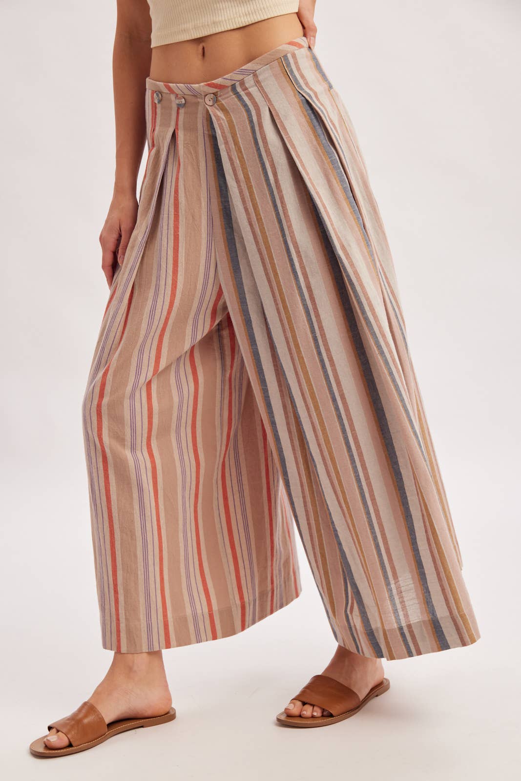 Bluivy - MULTI-STRIPE PLEATED FRONT WIDE-LEG PANTS