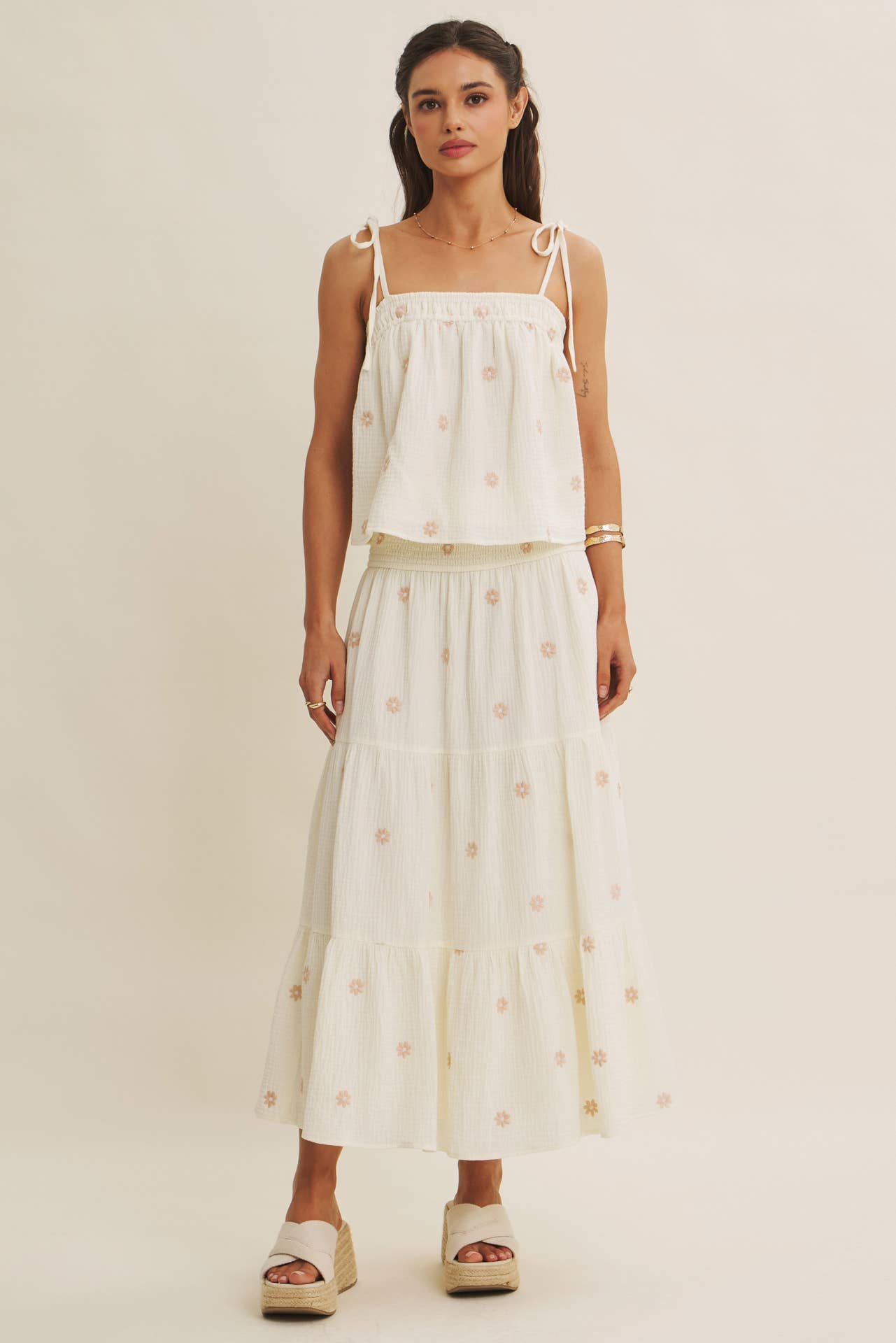 in february - SUNSET FIELD EMBROIDERED COTTON GAUZE TANK WITH TIE STRAPS