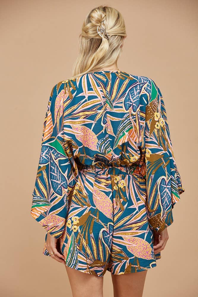 BATWING SLEEVED BOHO TROPICAL PRINT ROMPER 4411RH : IVORY MULTI / L